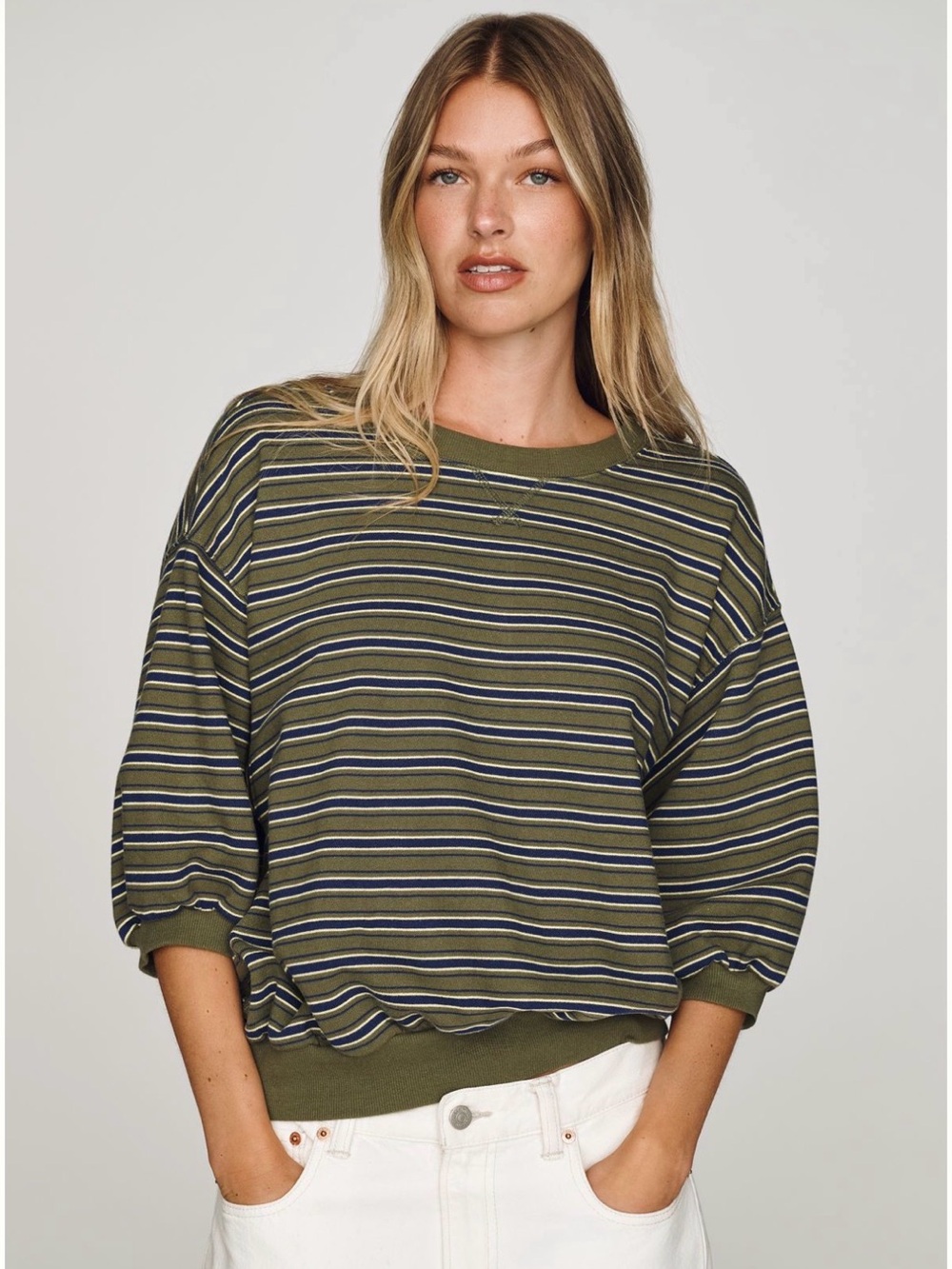 NWT Anthropologie Pilcro Niki Cotton Bubble Sweatshirt Green & Navy Stripe XXS